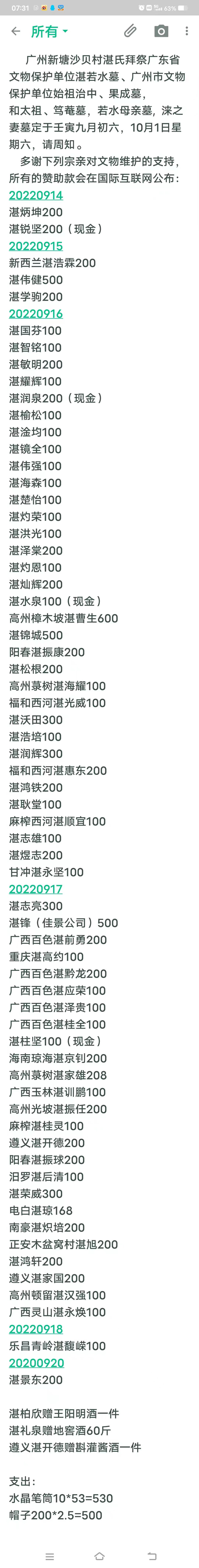 广州新塘沙贝村湛氏拜祭赞助人员名单